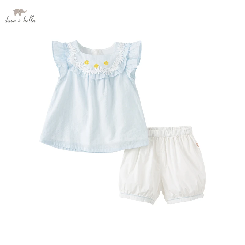 

Dave Bella Summer Children'S Girls Two-Piece Girls Small Flying Sleeve Blue And White With Short-Sleeved Shorts Set DB2234025