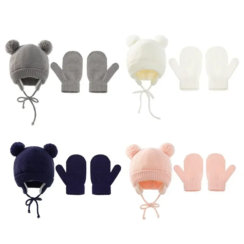 2Pcs Girls Boys Cute Outdoor War Baby Knit Gloves Hat Set Solid Color Autumn Winter Ear Protection Infant Toddler Beanie Cap For