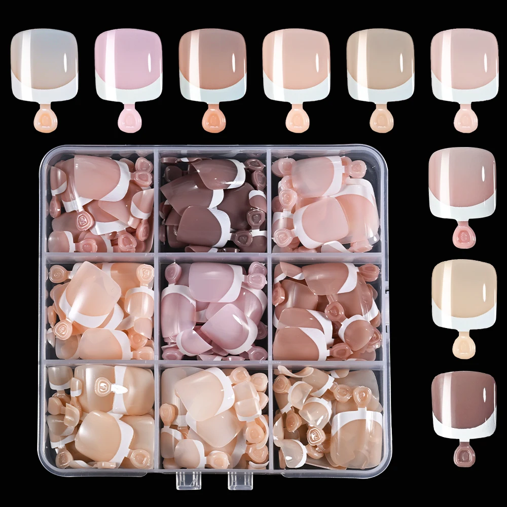 False Toenail 216/120Pcs French Press 9Colors Short Square Glossy Nude/Pink/Brown for Summer DIY Foot