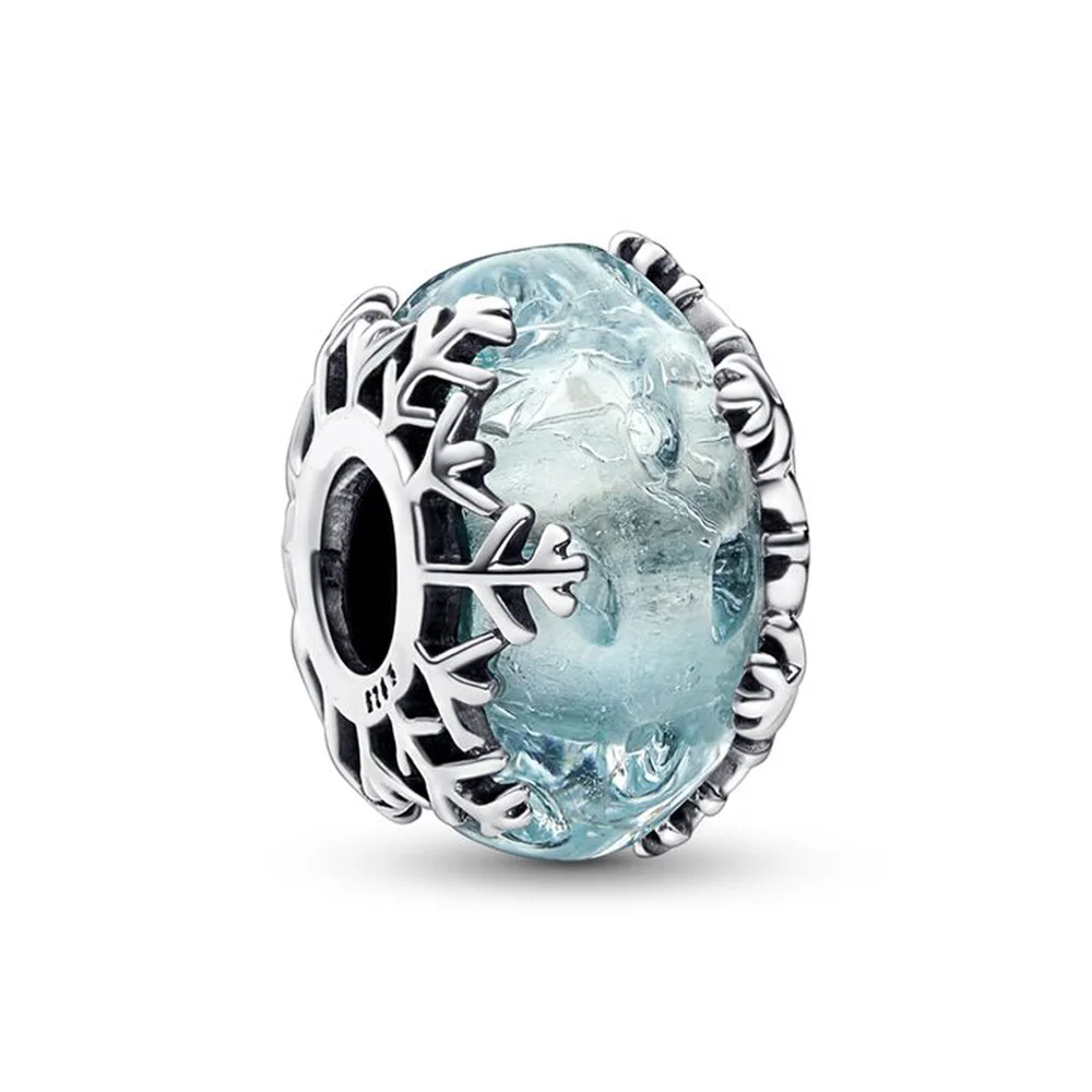 

Authentic 925 Sterling Silver Bead Winter Blue Snowflake Murano Glass Charm Fit Pandora Women Bracelet Bangle Gift DIY Jewelry