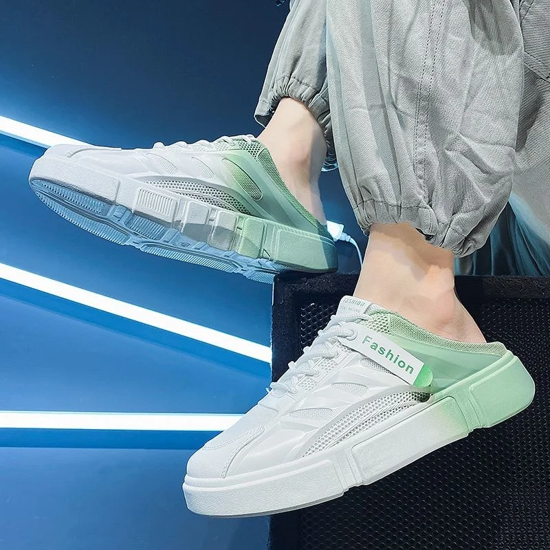 Mesh Breathable Beach Shoes For Men Men's Casual Sneakers Summer Canvas Flats Backless White Slip On Half Slippers Laofers