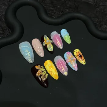10PCS 3D Carving Flower Ripples Handmade Almond Press on Nail Colorful Glitter Ins French Fake Nail Spice Girls Short False Nail