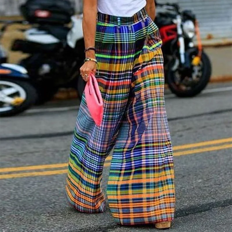 Lemongor 2023 New Arrivals Stylish Selection Wide Leg Pants Summer Checkerboard Printed Loose Casual Going Out Bottoms For Women