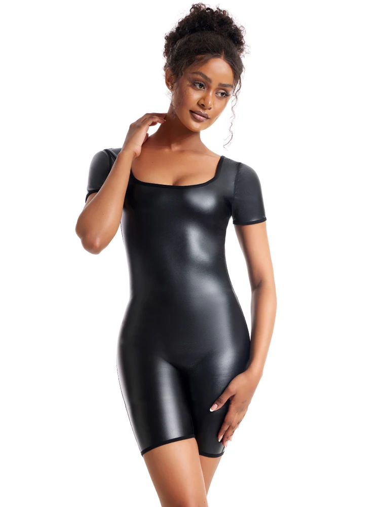 

Woman Wet Look PU Catsuit Tight Sexy Body Teddies Clubwear Sexy Lingerie Short Sleeves Faux Leather Swimsuit One Pieces Bodysuit