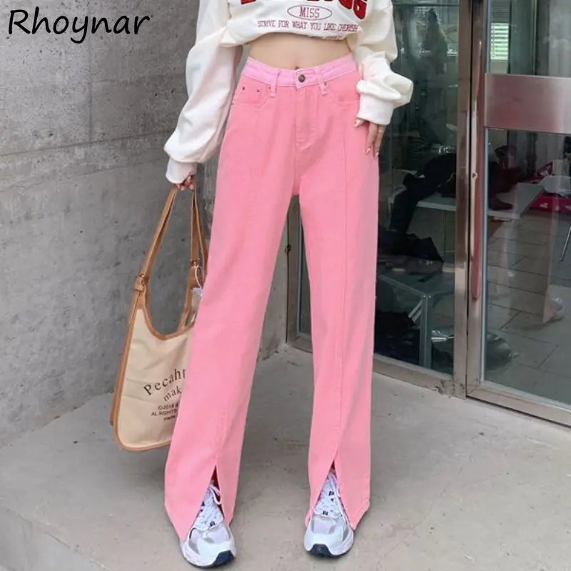 

Pink Jeans Women Loose S-5XL Washed Korean Style All-match Hotsweet Fashion Ulzzang College Spring Slit Personality Vintage Chic