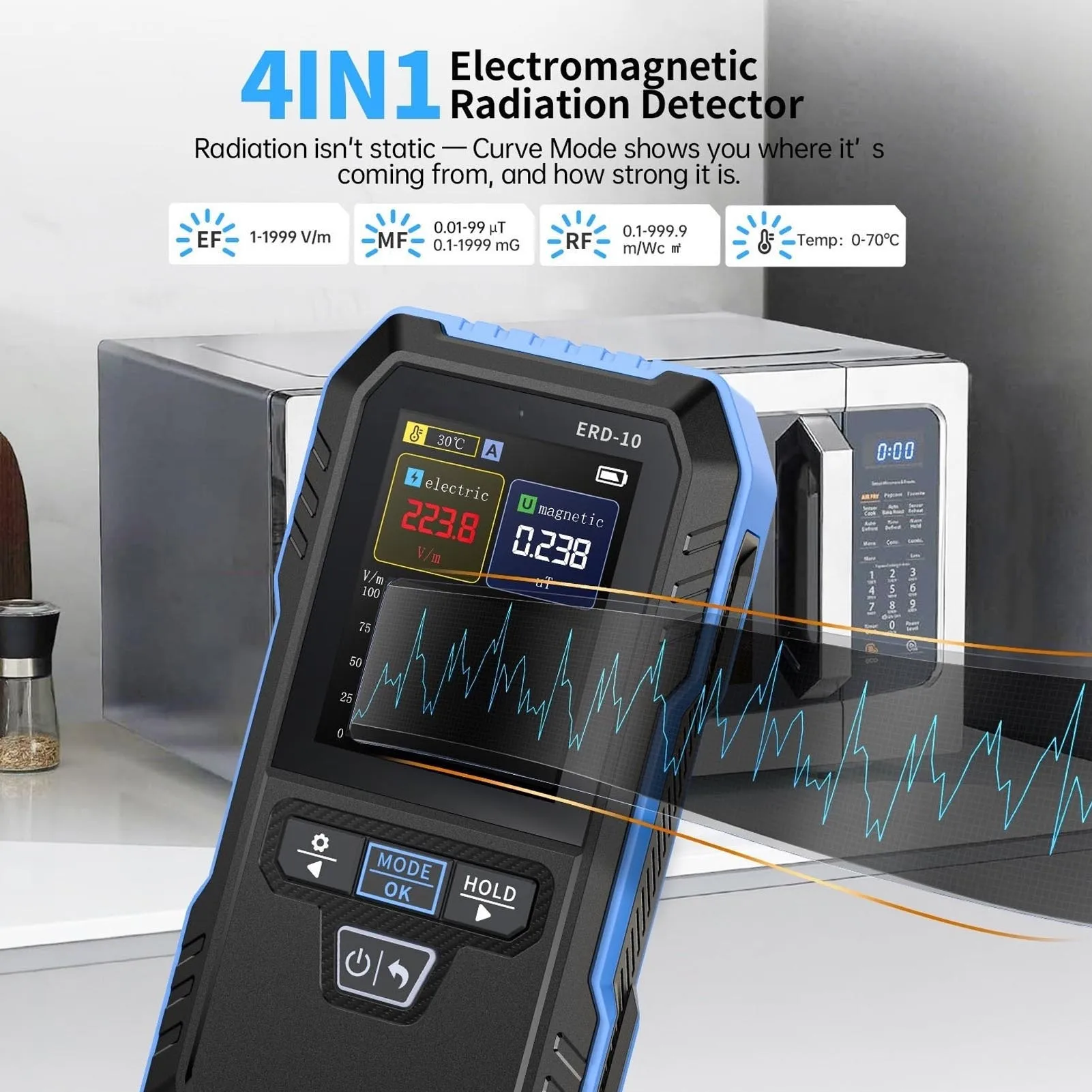 4-in-1 전자기장 측정기, 전기 자기장, 무선 주파수, 온도 감지기, 곡선 모드 지원 EF MF RF 미터