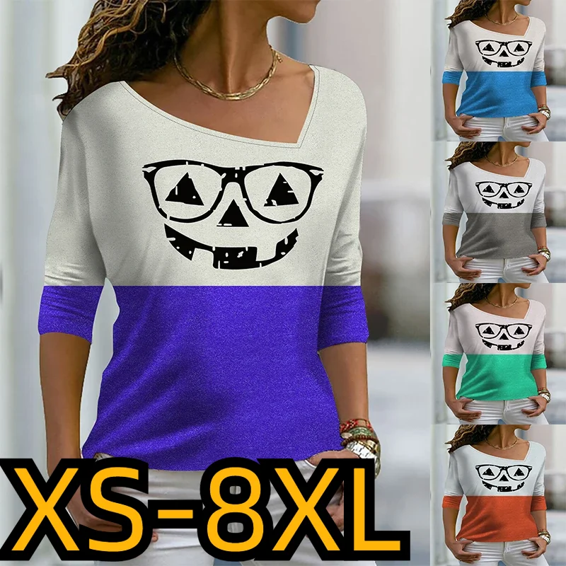 

2023 зимний модный элегантный пуловер с длинным рукавом новый дизайн Топ с винтажным принтом Осенняя Hallowmas футболка с V-образным вырезом свободная футболка