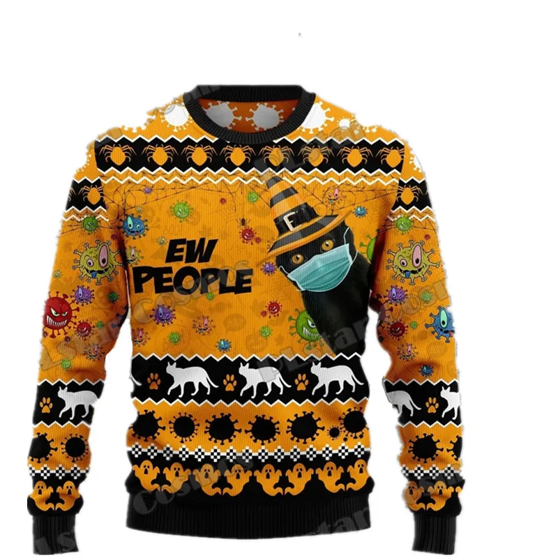

Fashion Black Cat Halloween 3D Printing Men's Ugly Christmas Sweater Winter Neutral Casual Knitted Pullover Sweater
