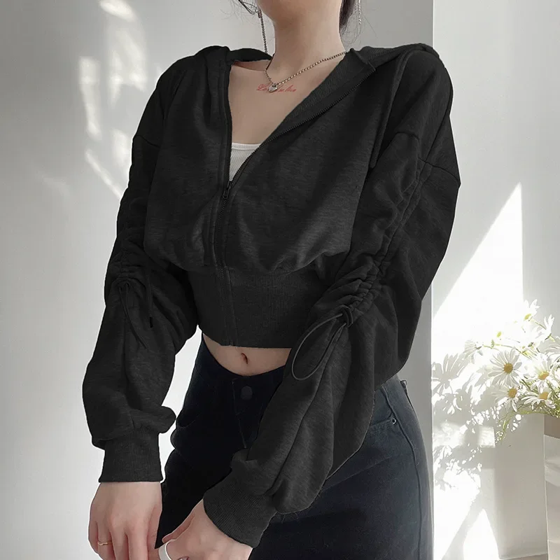 2023 Drawstring Long Sleeve Casual Loose Short Zipper Hooded Sweater Coat Solid Color Loose Casual Sweatshirt Sexy Streetwear