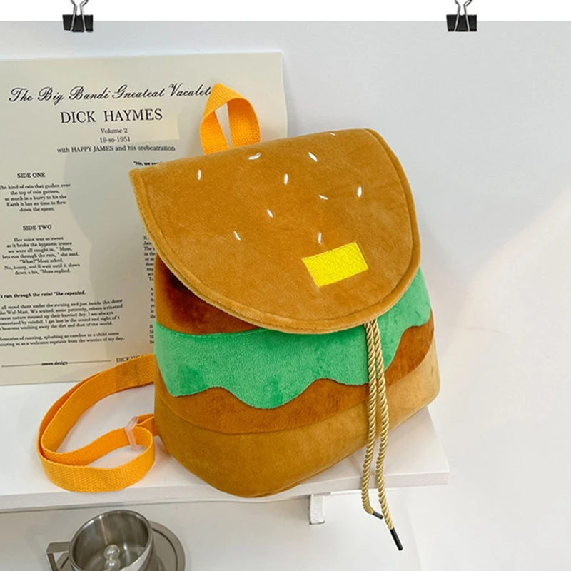 Cartoon Hamburger Rugzak voor Meisjes Grote Pluche Rugzakken Schooltas met trekkoord