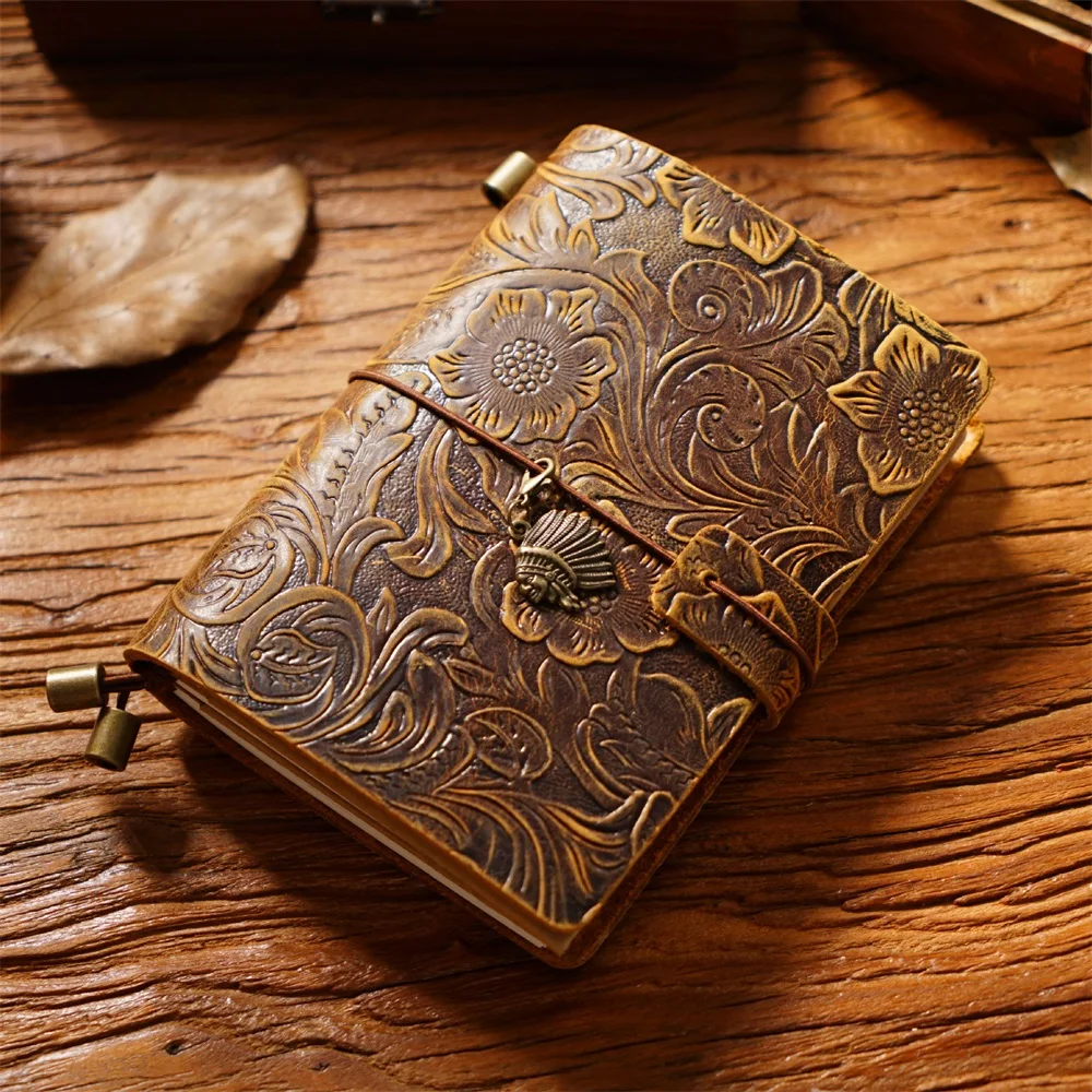 Genuine Leather Journal Vintage Flower Cover Handmade Notebook DIY Travel Diary School Office A5 Blank Line Paper Book Gift
