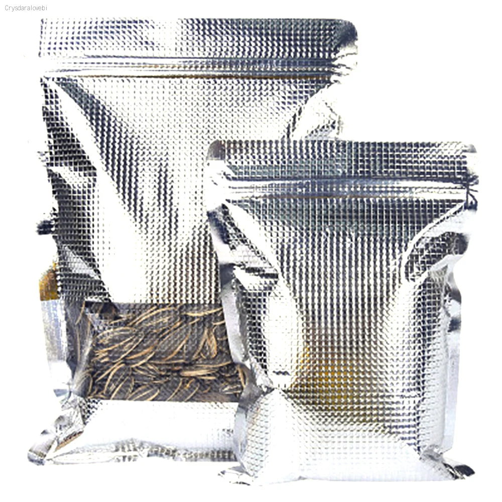 

100Pcs Zip Lock Aluminum Foil Embossed Packaging Bag with Window Mylar Nut Powder Storage Zipper Tear Notch Food Pack Pouches