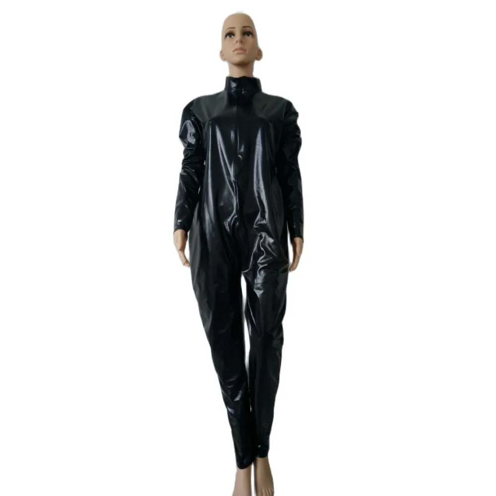 

Sexy unisex black color Shiny Metallic jumpsuit Lady Leotard Catsuit No Hood 3-ways Front Zipper to Hip