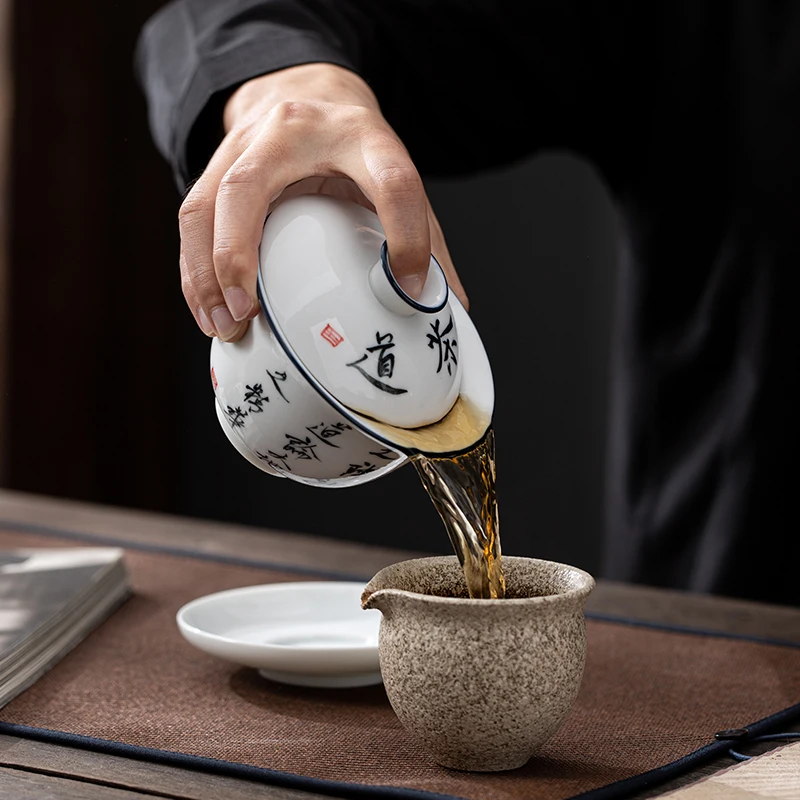 Jingdezhen-Hand Drawn Tea Bowl Cover Ceramic Tea Set Large White Porcelain Covered Bowl San Cai Gaiwan