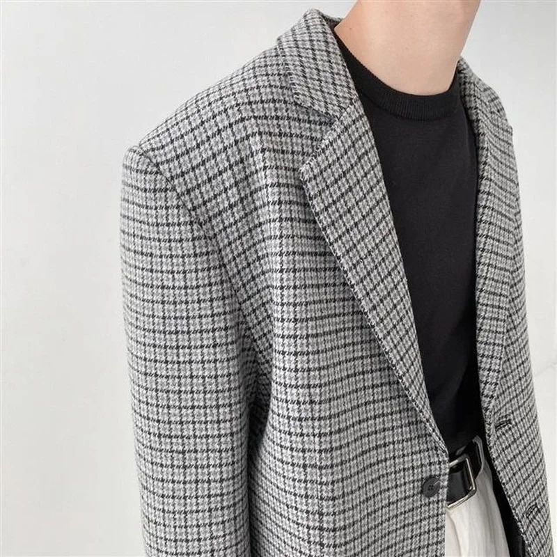 Blazers Men Loose Handsome Outwear Korean Style Trendy Autumn Plaid Notched Harajuku Clothing All-match Streetwear