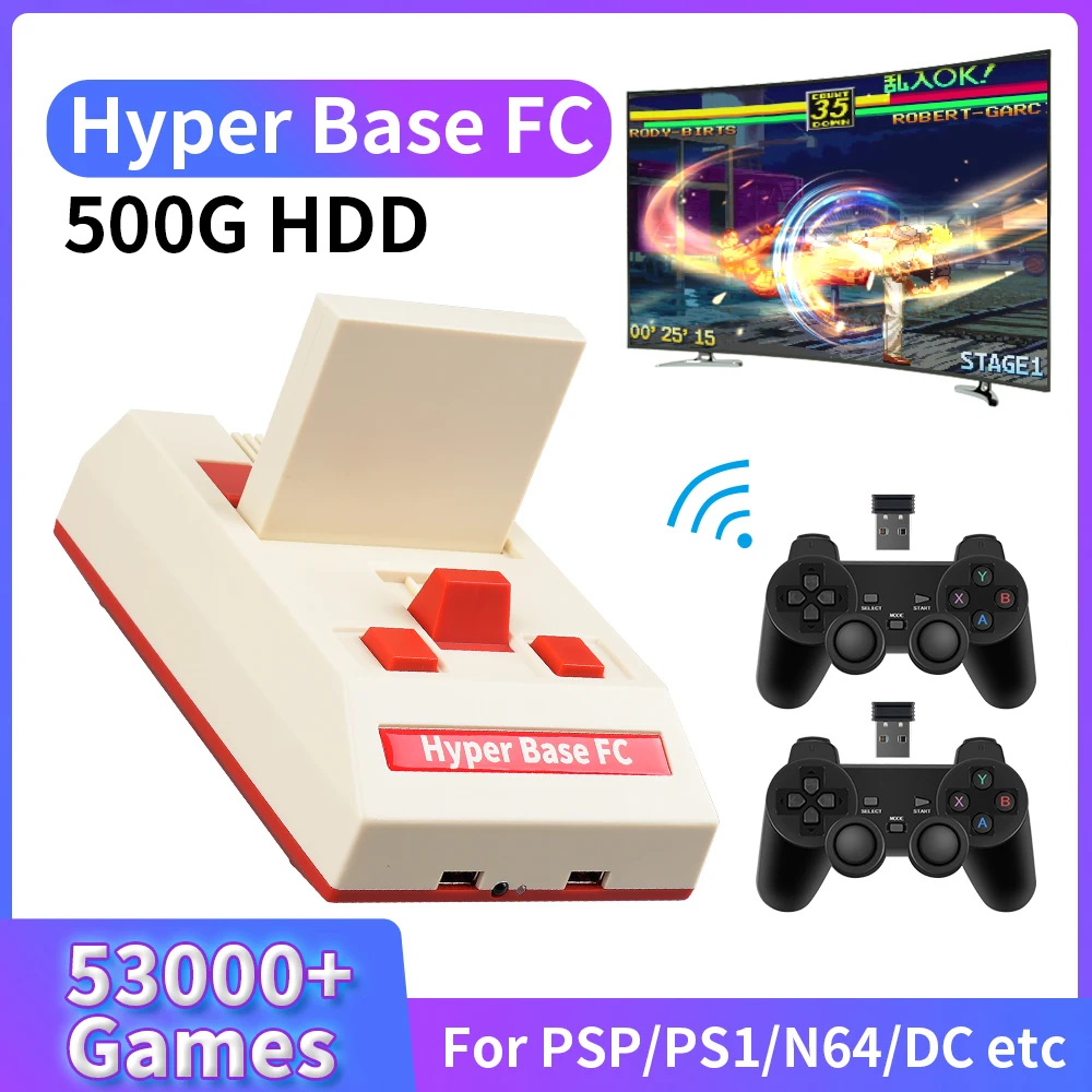 Retro Video Game Console 4K UHD Hyper Base FC Game Box Ext.500G HDD for  PSP/PS1/N64/DC/3DO/MAME/NDS 53000+Games with Controller