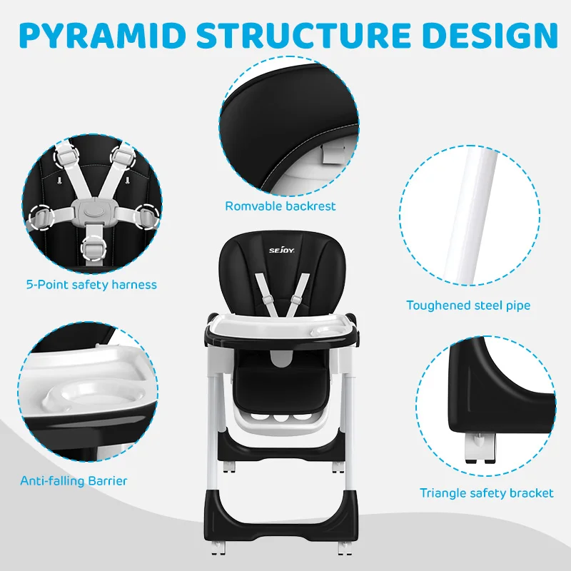 8-Position Adjustable Baby High Chair with 4-Recline Seat,