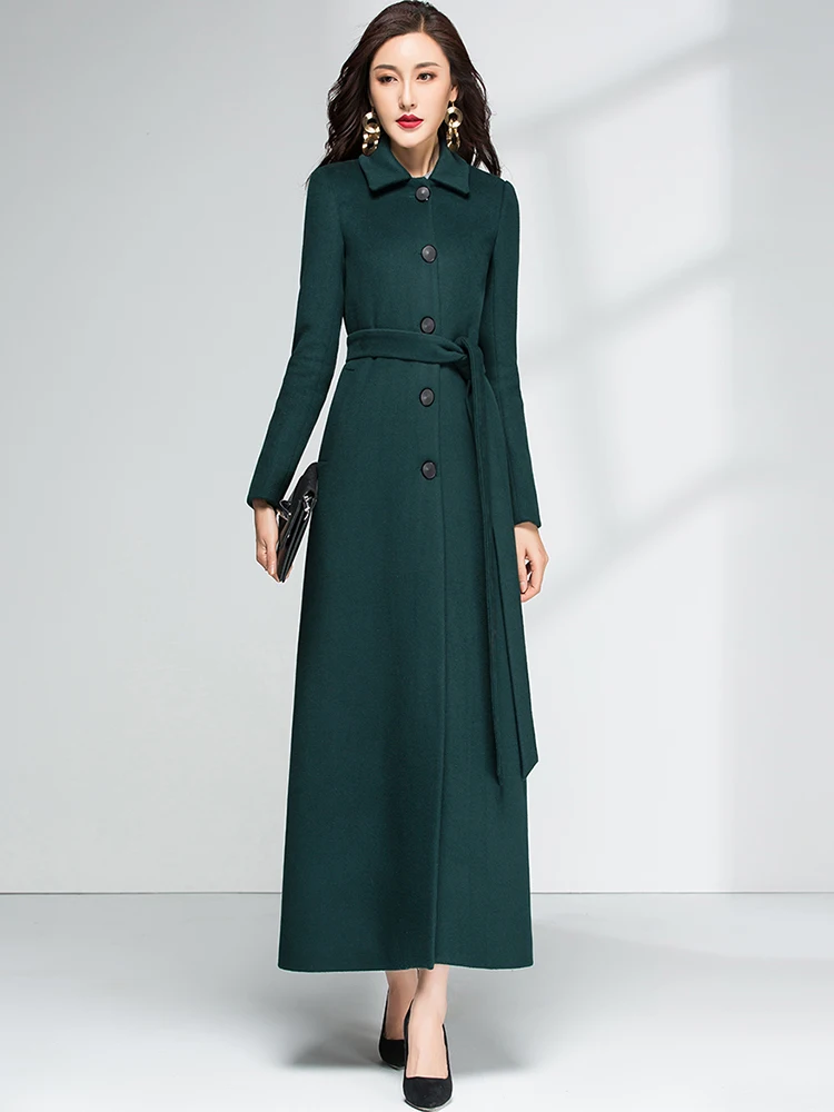 New Women Woolen Coat Autumn Winter Fashion Small Turn-down Collar Belt Slim Long Wool Blends Coat Elegant Simplicity Overcoat
