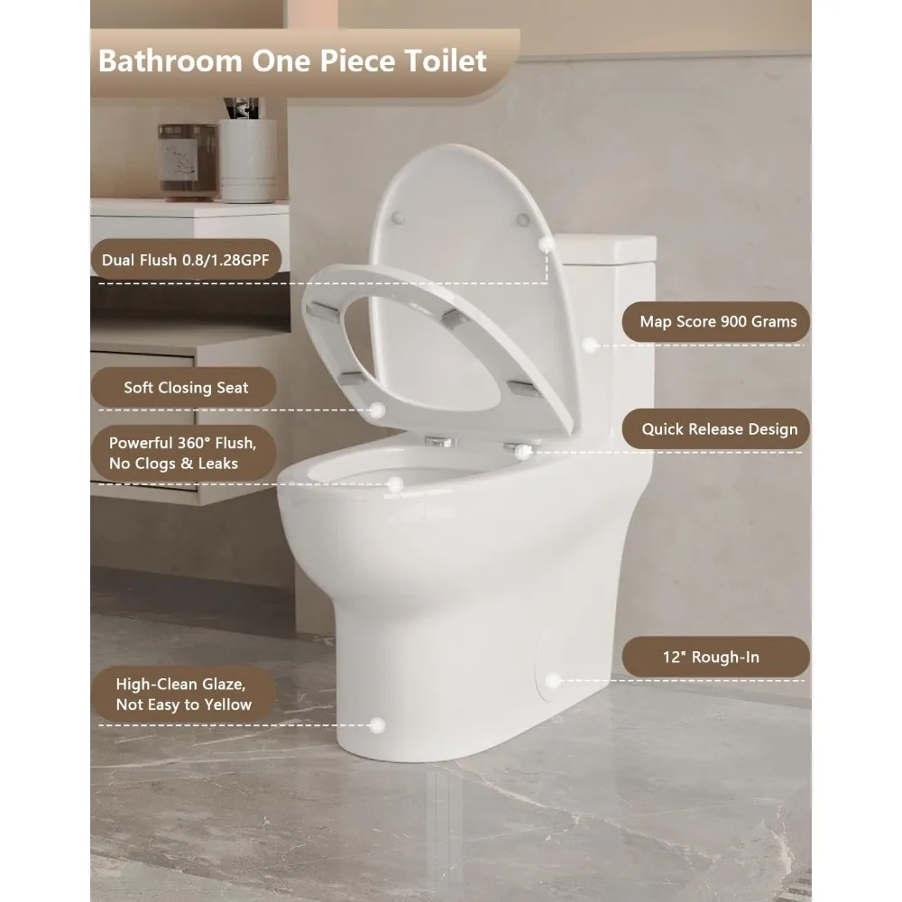 Elongated One Piece Toilet, Dual Flush 0.8/1.28 GPF Toilet with Comfortable Seat Height, Powerful & Quiet Modern Standard Toilet 2