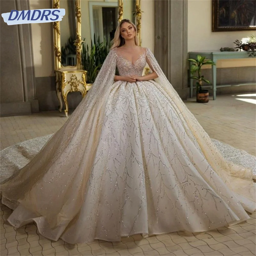 

Luxury Sleeveless Ball Gown Wedding Dress Shiny Beading Appliques With Cape Princess Bridal Gown Vestidos De Novia