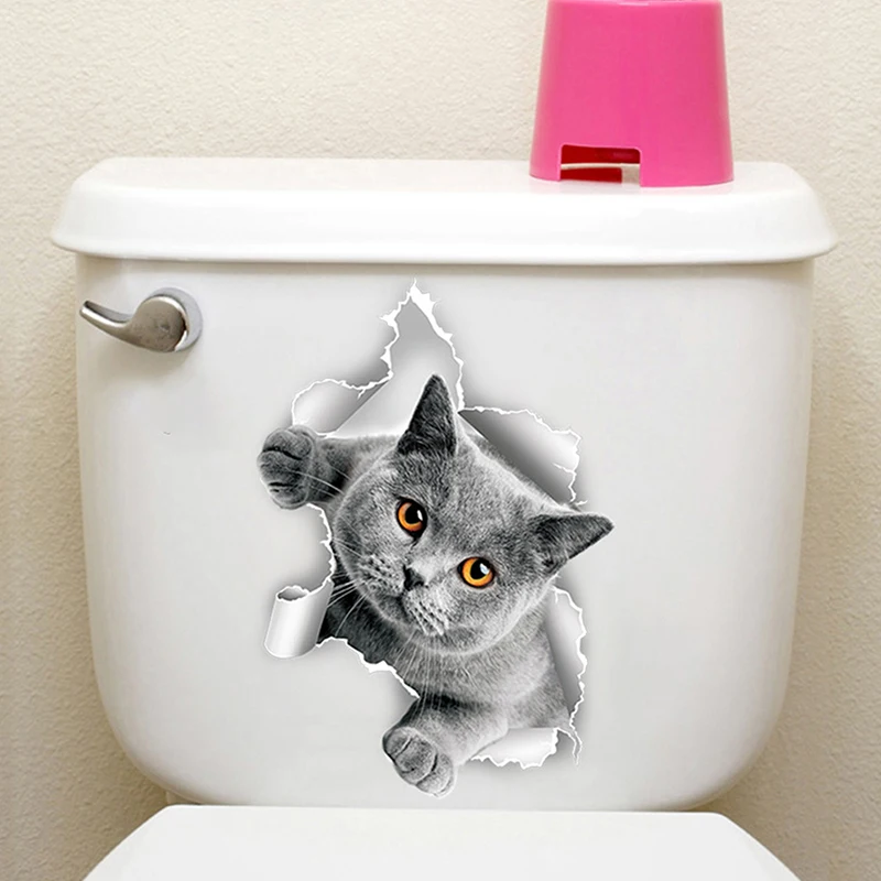 3D Kitten Toilet Seat Stickers Decals Waterproof Peel & Stick Restroom Animal Decals Decor for Bathroom Washroom