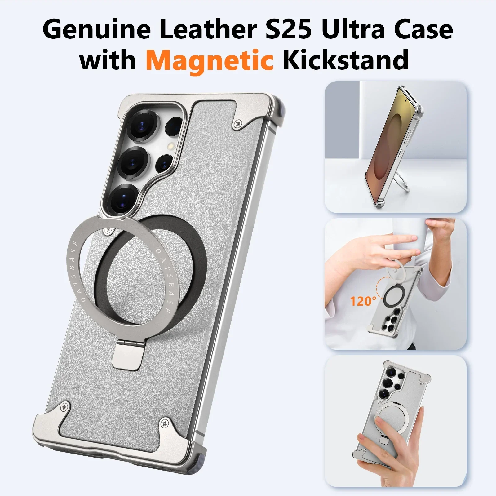 Eary Leather Phone Case for Samsung Galaxy S25 Ultra Magnetic with 360° Rotate Stand Metal Frameless Shockproof Protector Cover