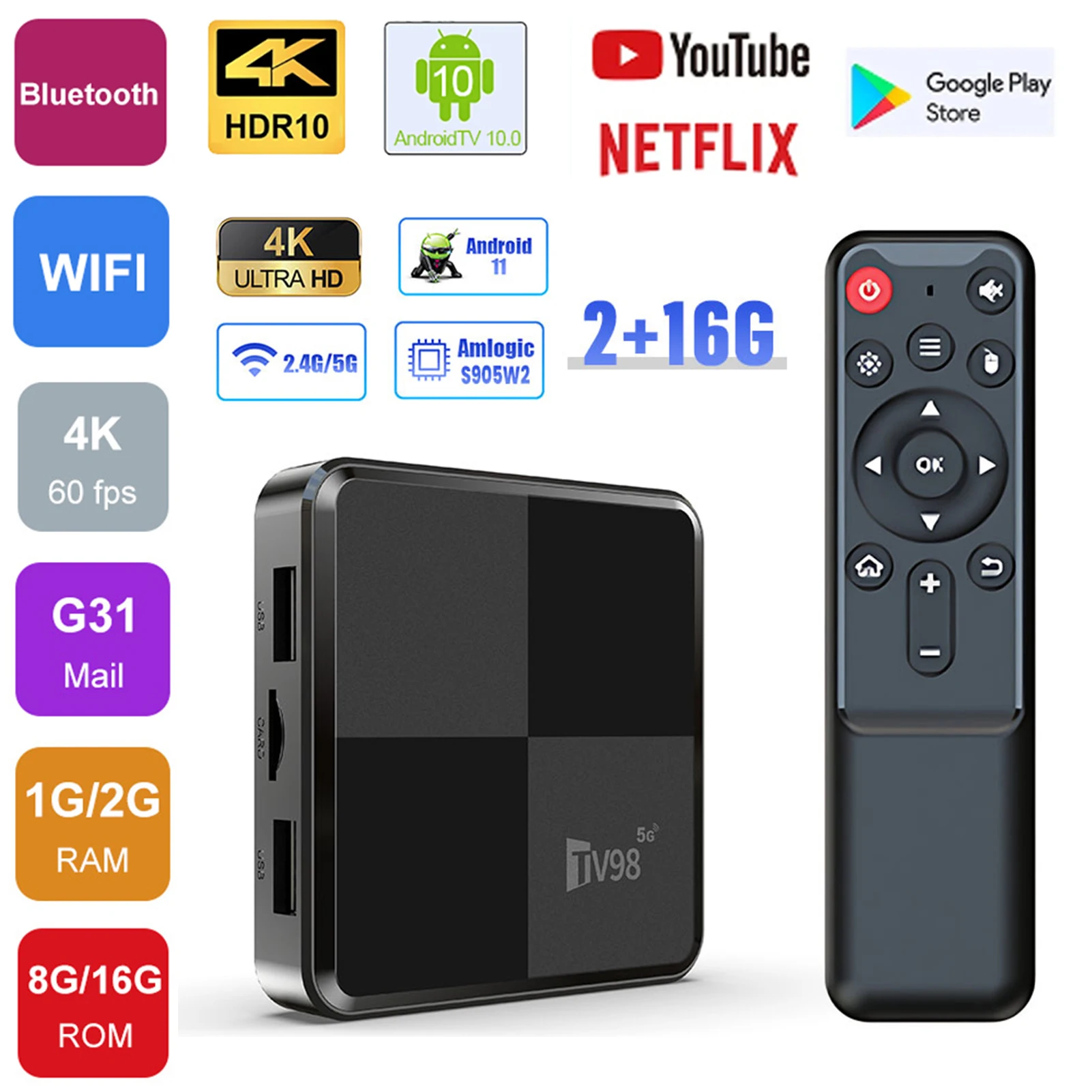 TV98 MINI Smart TV Stick Android 11.0 Smart TV Box 2.4G 5G WiFi 4K Media Player H.264 Set Top Box TV Receiver For Google YouTube