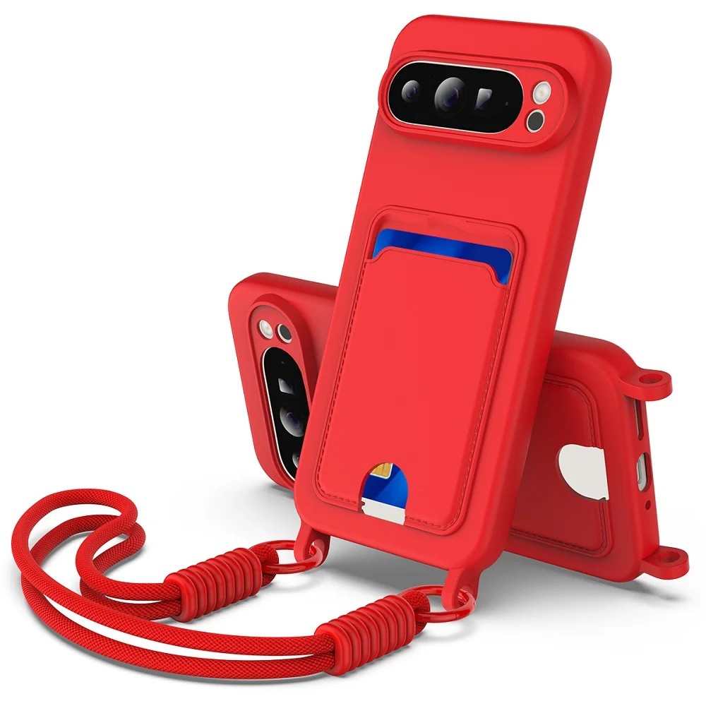 Premium Soft Liquid Silicone Phone Case with Lanyard and Card Holder - Shockproof Protective Cover