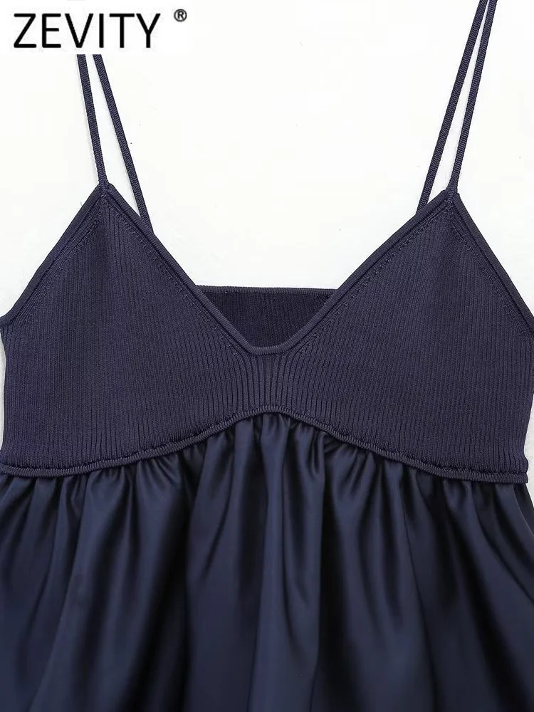 Zevity Women Sexy V Neck Knitting Patchwork Hem Pleats Sling Smock Blouse Female Shirt Blusas Chic Tops LS3689 Best Sellers In Women's Clothing