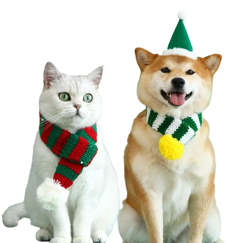 Cachecol de malha quente para cães e gatos, cachecol de cachorro, decoração de Natal, acessórios para animais vermelho e verde, natal, outono e inverno