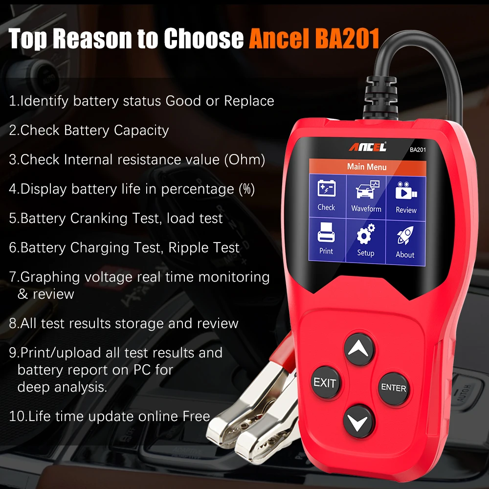ANCEL BA201 Car Battery Tester 12V 100-2000CCA Battery Load Cranking Charging Circuit Tester Digital Analyzer Battery Tools 5