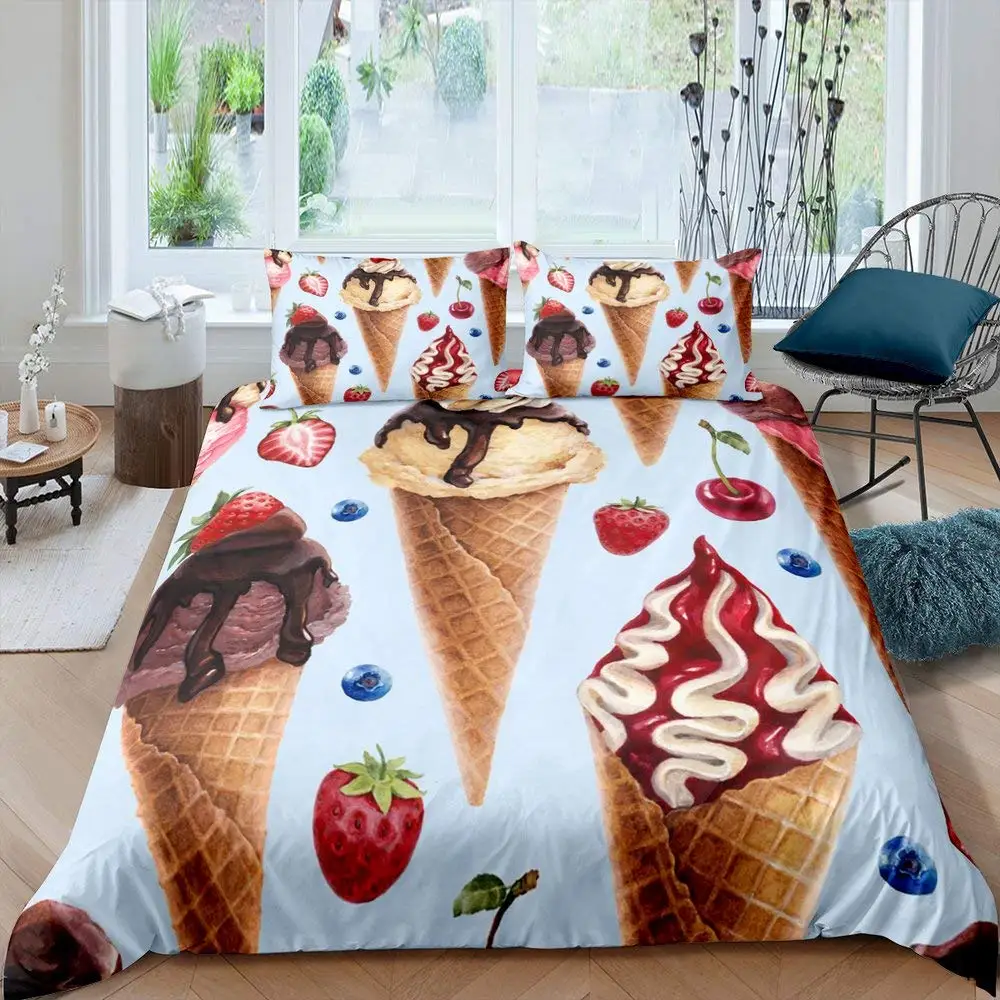 

Ice Cream Duvet Cover Color Cartoon Cup Cake Cherry Lemon Fruit Duvet Cover Summer Vacation Soft King Quilt Cover Pillowcases