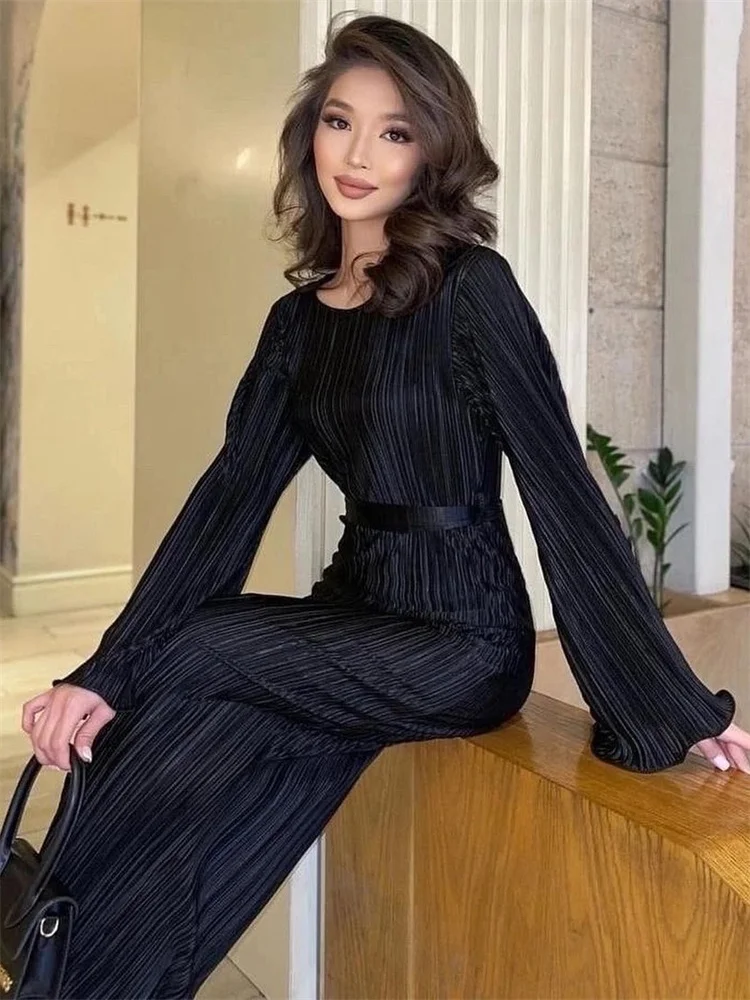 Vestido largo acanalado con volantes y cordones para mujer, manga larga, cintura alta, elegante, para fiesta, otoño, estilo vendaje
