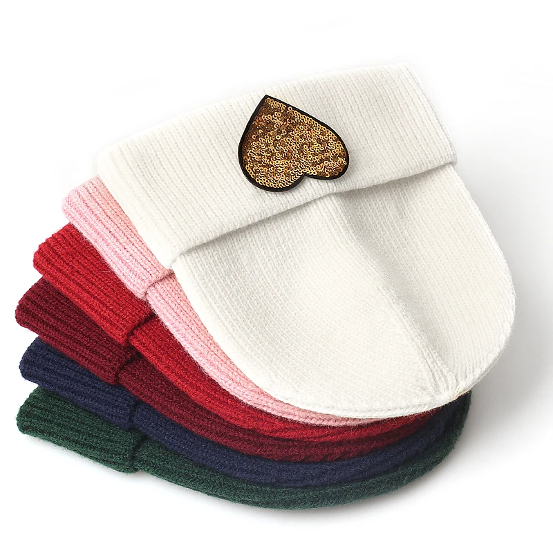 Fashion Sequined Heart Knitted Winte Beanie For Women Solid Autumn Warm Casual Skullies Beanies Female Soft Thick Rolled Hats 4