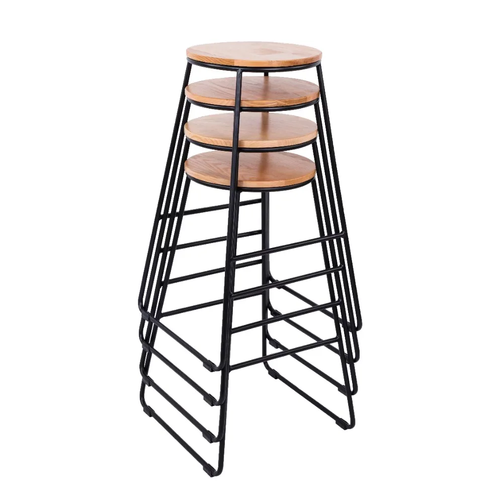 

28"H Backless Stool Black Metal Base with Natural Wood Seat - Set of 4