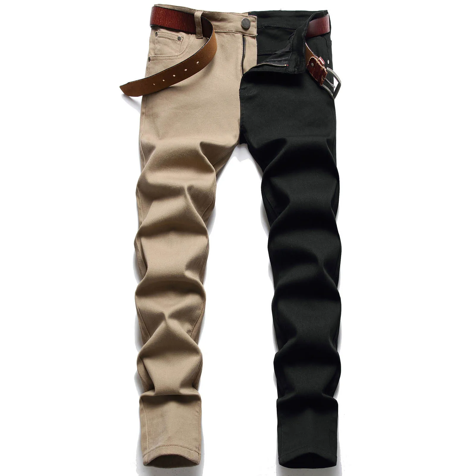Fashion Contrasting Colors Patchwork Men's Jeans Long Pants Classic Handsome Ripped Stretch Straight Slim Denim Trousers