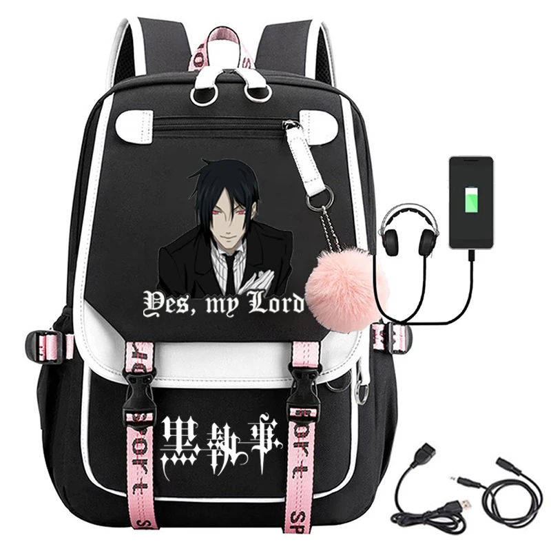 블랙 집사 애니메이션 USB 포트 배낭 나일론 학교 책 학생 여행 가방, 노트북 캐주얼 대형 메신저 백