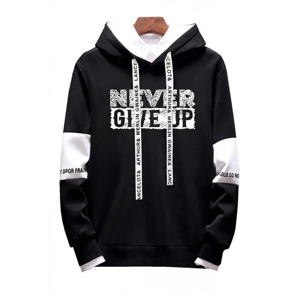 

Men's Hooded Tracksuit NEVER GIVE UP Print Hoodies Man Sportwear Leisure Fashion Streetwear Y2K Sweatshirt for Male