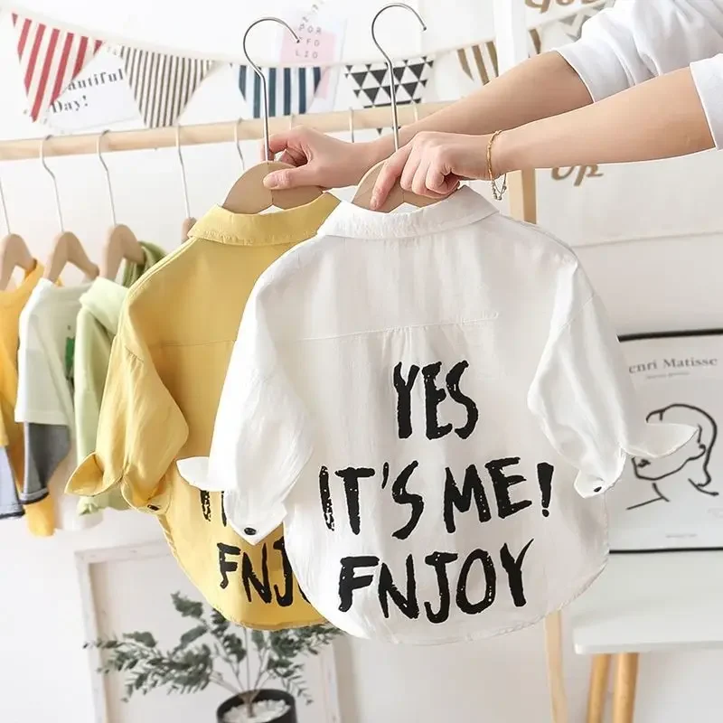 

Boys Clothing Long Sleeve 2024 Spring New Solid Color Trend Lapel Single-breasted Letter Printed Cotton Korean Version Shirt