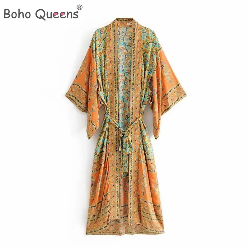 Boho Queens Women Yellow Floral Print Sashes Kimono Ladies V Neck Batwing Sleeves Bohemian Maxi Dress Robe Cover-up
