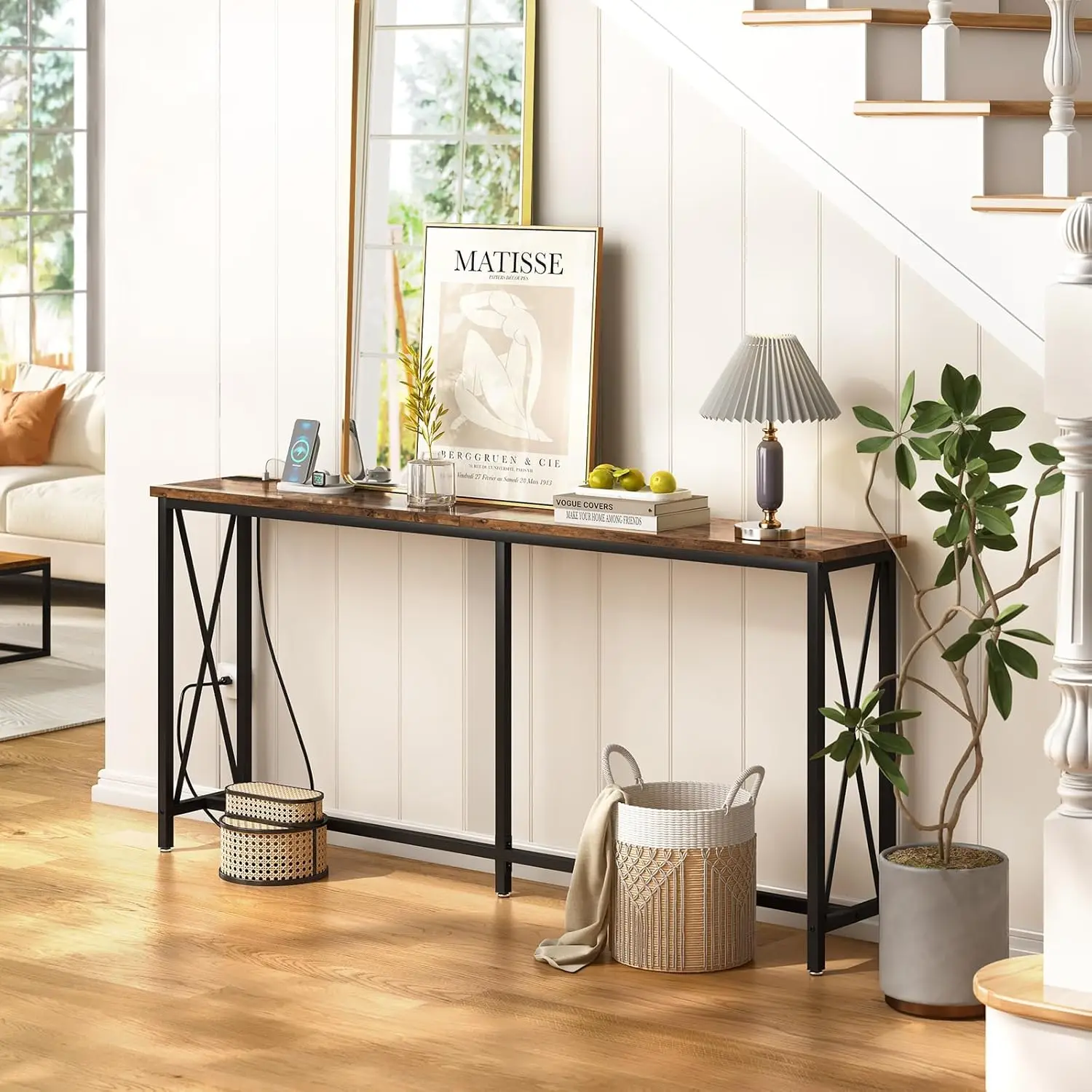 70 Inch Console Table with Outlet Extra Long Entryway Table with Metal Frame and X-Shaped Design Narrow Sofa for Living