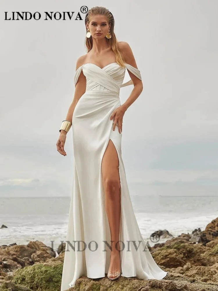 

LINDO Off The Shoulder Satin Mermaid Wedding Dresses For Women Button Floor Length Sexy Backless Bridal Dress Vestidos De Novia