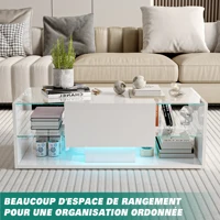 Table basse Superaly haute brillance, table de canapé blanche moderne avec éclairage LED, tiroir et compartiment ouvert, table d'appoint 100 x 50 x 35 cm, pour salon, bureau 6