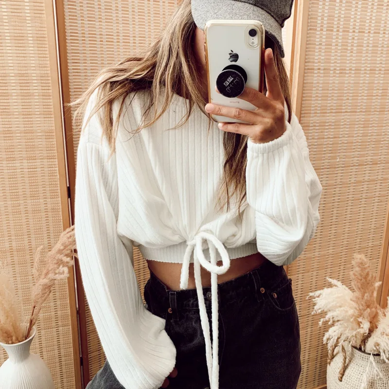 Women's Solid Color Loose and Thin Simple Sweatshirt Spring New Fashion All-match Short Drawstring Tie Round Neck White Hoodies