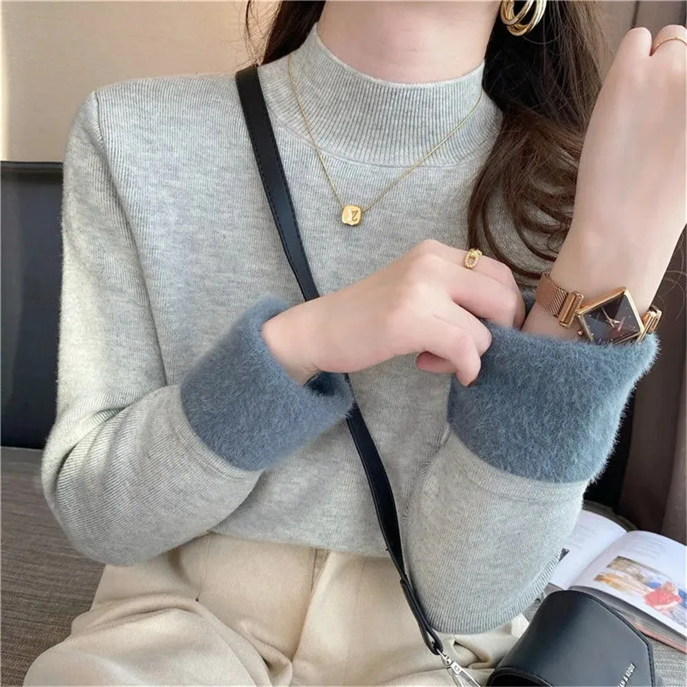 

Winter Thicken Turtleneck Bottomed Sweaters Women'S Oversized Add Velvet Warm Knit Pullover Khaki/White Slim Sweater Tops