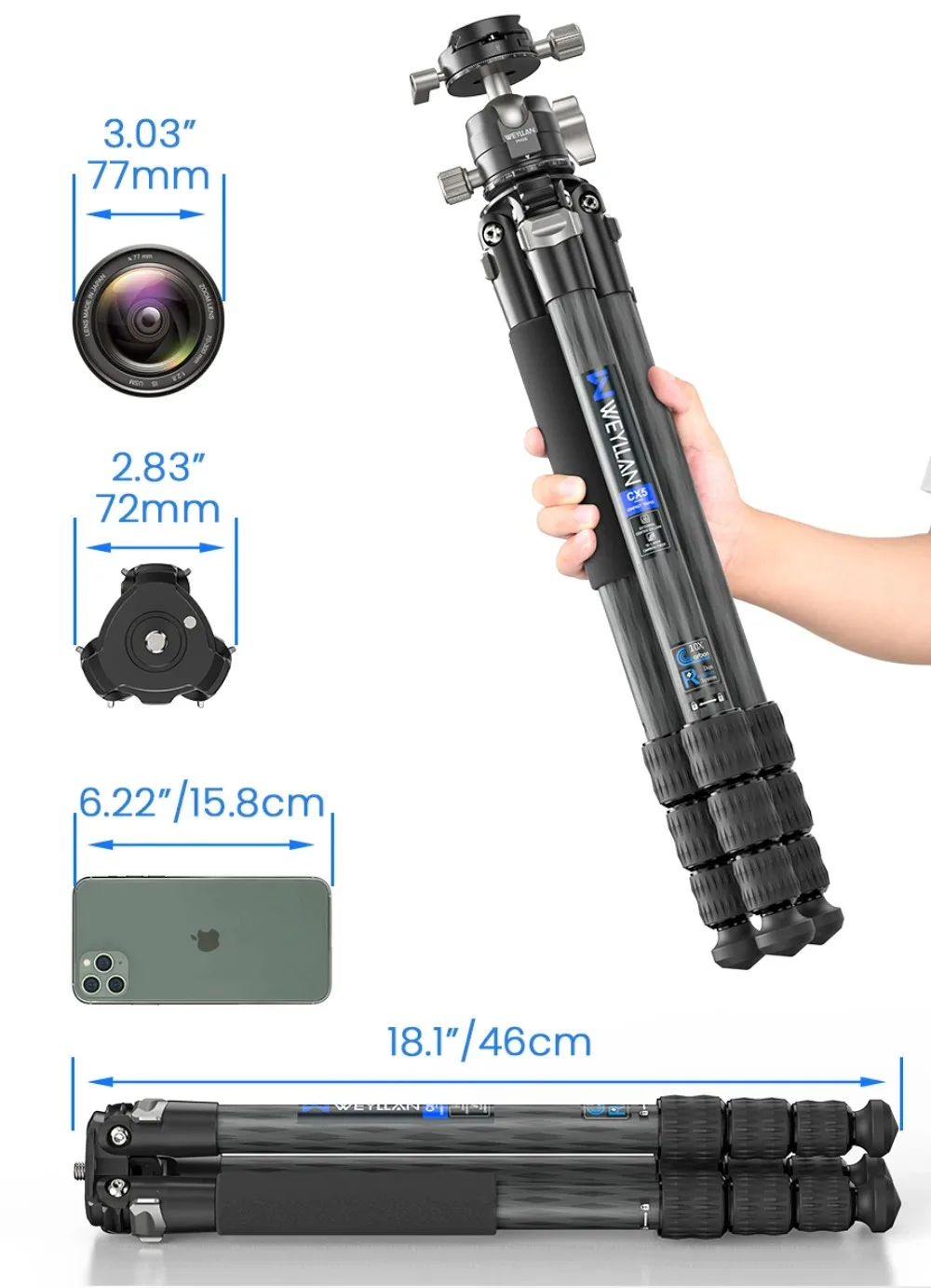 CX5 Carbon Fiber Lightweight Travel Tripod Professional DSLR Camera Tripod For F