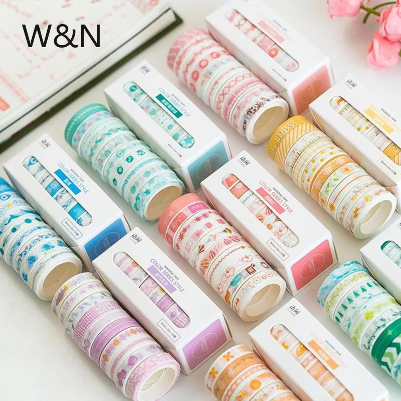 

10 Pcs/box Leaves Foil Grid Floral Cute Paper Masking Washi Tape Set Japanese Stationery Scrapbooking Supplies Sticker Kawaii
