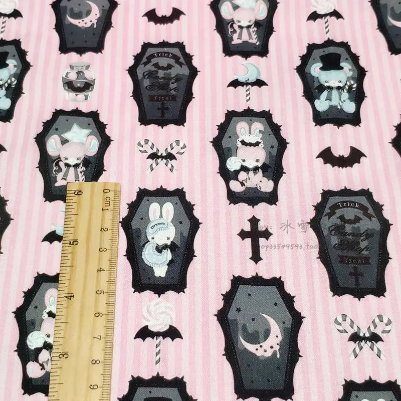 1 Yard Cotton Woven Fabric Retro Cartoon Animals Vintage Bear and Rabbit Gothic Style Pink Striped Background