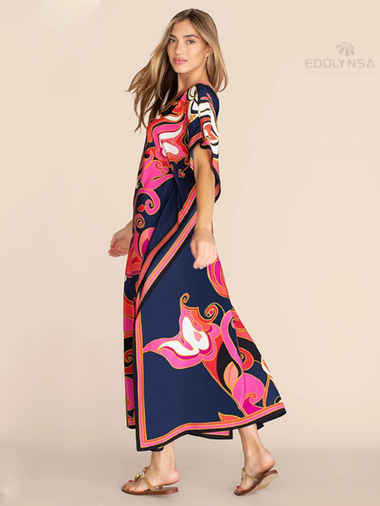 Long Kaftan Bohemian Printed Bikini Cover-ups Sexy V-neck Half Sleeve Maxi Dress Tunic Women Beach Wear Swim Suit Cover Up Q1333 4