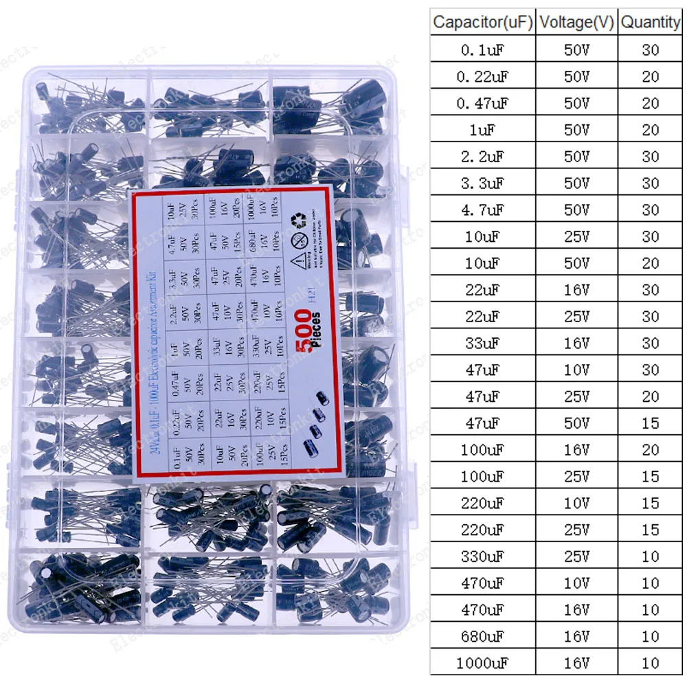 Kit assortimento condensatori elettrolitici 16V 25V 35V 50V 1uf 2.2uF 3.3uF 4.7uF 10uF 22uF 33uF 47uF 100uF 220uF 330uF 470uF 1000uF